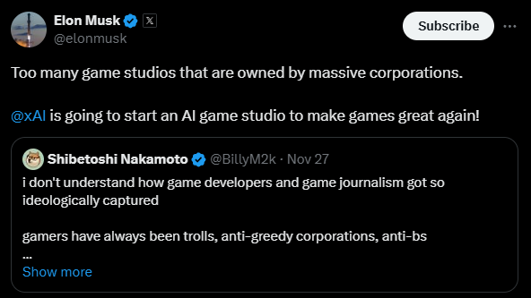 Elon Musk's Plan for an AI-Driven Game Studio Sparks Controversy